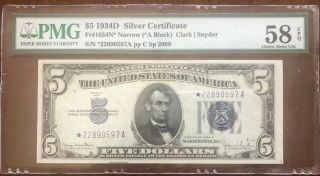 Fr 1654n 1934d $5 Silver Certificate " Star " Pmg Choice Au 58 Epq