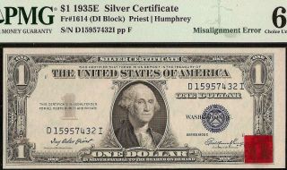 1935e $1 Dollar Error Silver Certificate Bep Red Rejection Tag Sticker Pmg 64