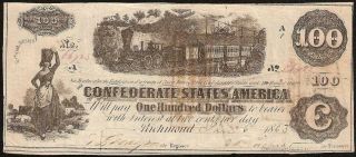 1862 1863 $100 Confederate States Currency Civil War Note Old Paper Money T - 40