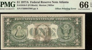 Unc 1977 A $1 Dollar Bill Full Offset Print Error Note Paper Money Pmg 66 Epq