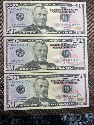 Three 2013 Fifty 50 Dollar Bill Star Note Low Serial Number 006