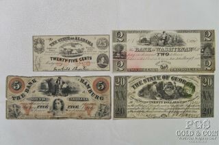 4 Confederate Currency Notes 25c Alabama $2,  $5 South Carolina,  $20 Georgia19389