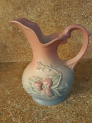 Hull Art Pottery.  U.  S.  A.  Small Pitcher.  Pink And Blue Raised Flower.