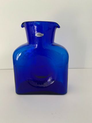 Blenko Glass Double Spout Water Bottle Pitcher Carafe Cobalt Blue 2001 Signed