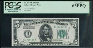 1928 $5 Frn Federal Reserve Note Dallas Fr.  1950 - K Pcgs Choice 63ppq