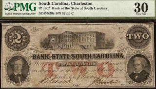 Large 1861 $2 Dollar Low 32 South Carolina Bank Note Money Gift Idea Pmg 30