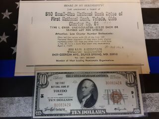 1929 $10 The First National Bank Of Toledo Ohio Oh Charter 91 Unc Bank Note