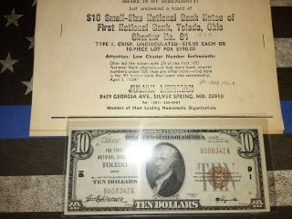 1929 $10 THE FIRST NATIONAL BANK OF TOLEDO OHIO OH Charter 91 UNC Bank Note 2