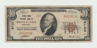 1929 Us National Currency $10 Ten Dollars South St.  Paul Note Bill Federal Reser