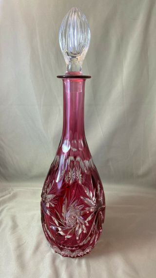 Cranberry Red Cut To Clear Crystal Decanter Bohemian Glass W/ Stopper