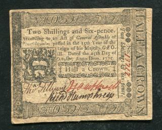 Pa - 188 October 25,  1775 2s 6p Two Shillings Six Pence Pennsylvania Colonial (b)