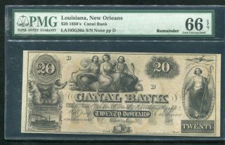 1850’s $20 Canal Bank Orleans,  La Obsolete Remainder Pmg Gem Unc - 66epq