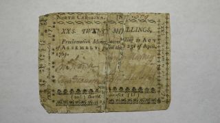 1761 Twenty Shillings North Carolina Nc Colonial Currency Note Bill 20s April 23