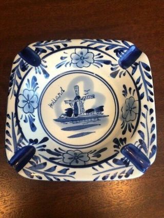 Vintage Delft Blue Windmill Ashtray Made In Holland Hand Painted 4.  5 " X4.  5 "