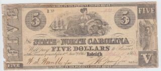 North Carolina Nc State Confederate Currency 1862 5 Dollars
