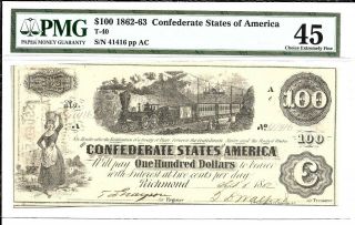 T - 40 Confederate States Of America $100 1862 - 63 Pmg 45