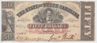 North Carolina Nc State Confederate Currency 1863 50 Dollars