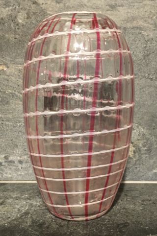 Vtg Murano? Hand Blown Art Glass Vase Clear Red Crosshatch Swirl 8.  5”