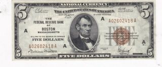 Kappyscoins W5195 1929 $5.  00 National Currency Federal Reserve Bank Of Boston