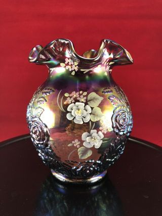 Fenton Hand Painted Carnival Glass Vase By D.  Cutshaw
