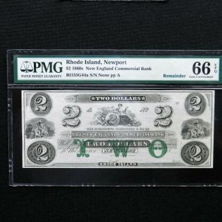 $2 1860s Rhode Island,  Newport Pmg 66 Epq Gem Unc,  Remainder Obsolete Banknote