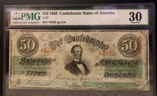 1863 T - 57 $50 Csa Note.  Pmg Vf30 W/ Comments.  Take A Look