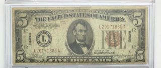 1934 $5 Hawaii Overprint Emergency Issue Federal Reserve Note - Wwii - Brown Seal