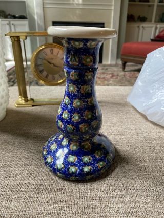 Polish Pottery Candlestick/candle Holder Finger,  Blue Floral Peacock