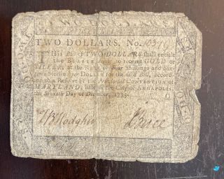 1775 Annapolis Maryland Two Dollars Colonial Continental Currency $2 Note