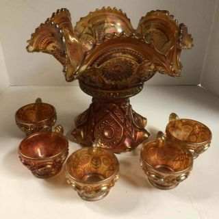 Carnival Glass Punch Bowl With Stand And 6 Cups/