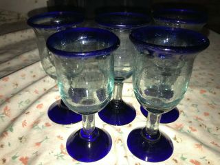 5 Vtg Hand Blown Glass Wine Goblet Mexican Cobalt Blue Lip Rim & Base 6 " 5 Oz