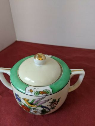 Noritake M Hand Painted Sugar Bowl With Green Rim Bird And Flowers