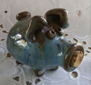 Handmade Clay Pig Incense Holder/figurine W/cork,  Blue Glaze.