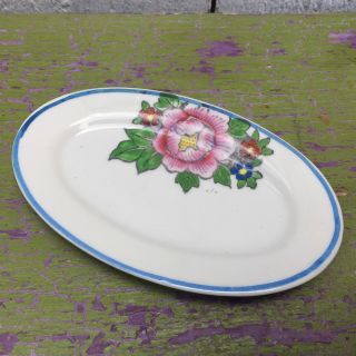 Vintage Hand Painted Porcelain Oval Small Plate Flowers Blue Trim Made In Japan