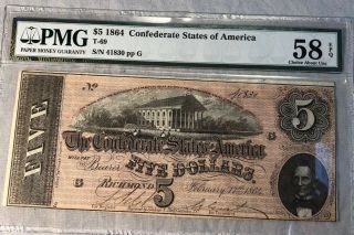 Affordable Csa T - 69 1864 Confederate $5 Note Pmg 58 Epq Choice Ab Uncirc
