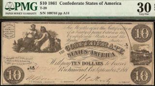 1861 $10 Dollar Bill Confederate States Currency Civil War Note T - 28 Pmg 30 Epq