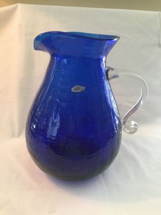 Large Blenko Clear To Blue Art Glass Hand Blown Pitcher,  Crackled,  10 Inches,