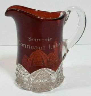 Conneaut Lake Souvenir Ruby Stained Flashed Cream Pitcher 1900 - 1920