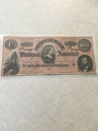 1864 Confederate States Of America $100 Csa Note - T - 65