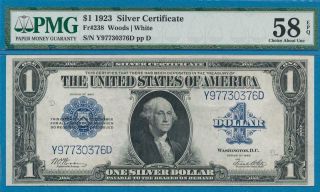 $1.  00 1923 FR.  237 SILVER CERTIFICATE BLUE SEAL GREAT EYE APPEAL PMG AU58EPQ 2