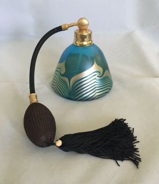 Lovely Signed Correia Blue Art Glass Gold Pulled Feather Perfume Atomizer 4 "