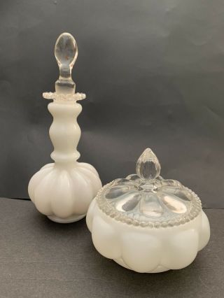 Vintage Fenton Silvercrest Milk Glass Vanity Perfume Bottle & Covered Powder Box