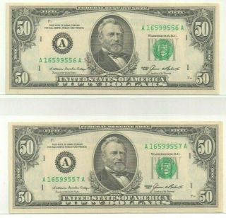 1985 $50 Federal Reserve Note Fifty Dollar Bill 2 Consecutive Serial Numbers