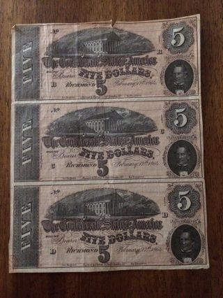 1864 Civil War Confederate Currency Uncut Sheet 3 - $5 Notes Csa T - 69 Richmond Va