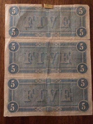 1864 Civil War Confederate Currency Uncut Sheet 3 - $5 Notes CSA T - 69 Richmond VA 2