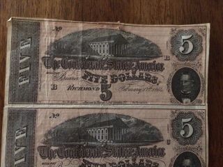 1864 Civil War Confederate Currency Uncut Sheet 3 - $5 Notes CSA T - 69 Richmond VA 3