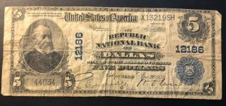 1902 Series $5 Five Dollar Large Us National Currency Note Dallas Tx