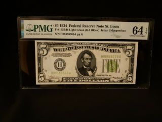 Extremely Scarce 1934 Fr 1955 - H $5 St.  Louis Frn Light Green Seal - Pmg 64 Epq