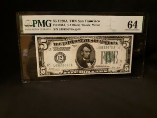Very Scarce - - 1928 A Fr 1951 - L $5 San Francisco Frn Pmg 64 Numerical 12 6