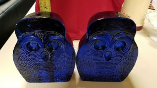 Vintage Blenko Blue Cobalt Owl Bookends